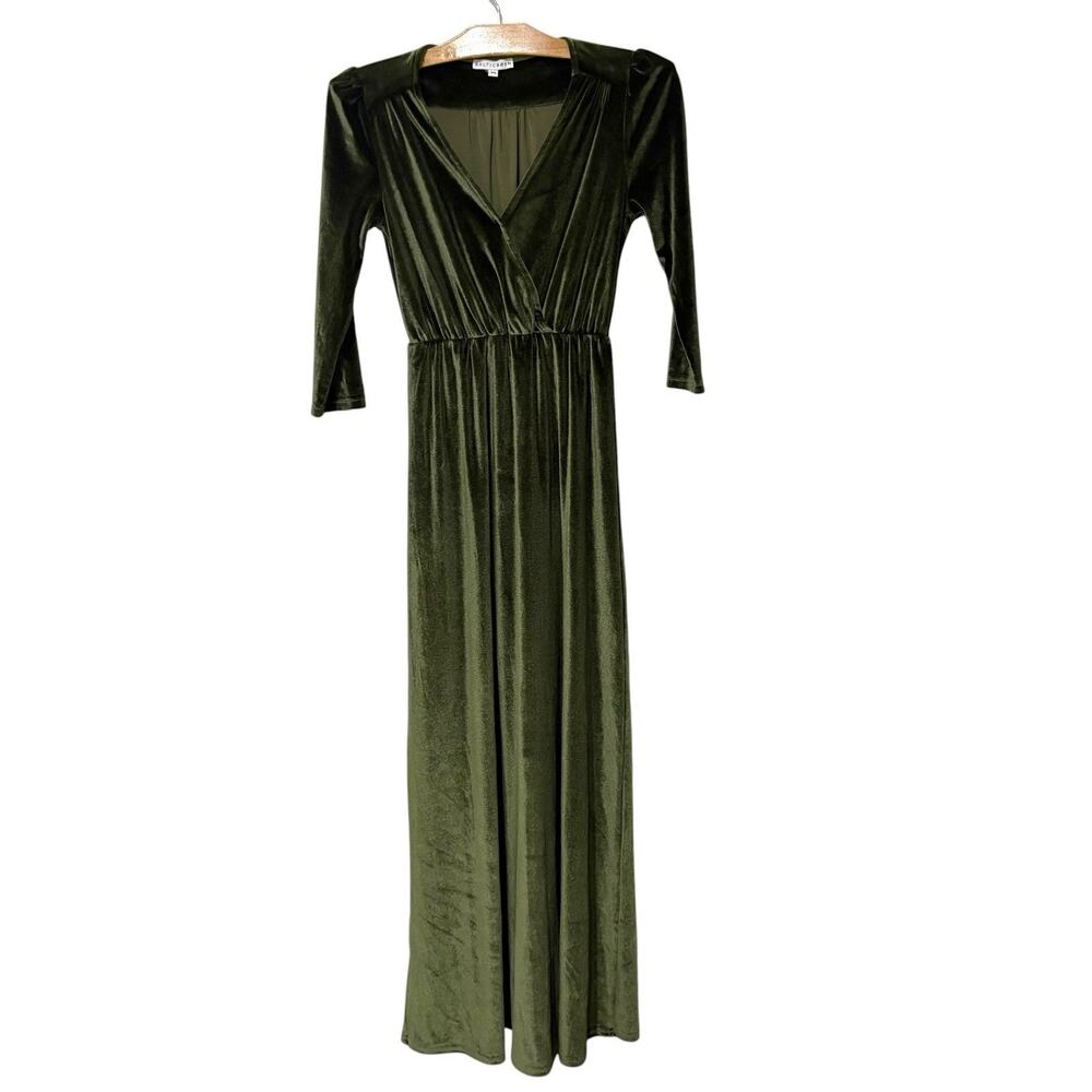 Baltic Born | Maxi Dress Green Velvet 3/4 Sleeves V Neck Classy Elegant- Size XS